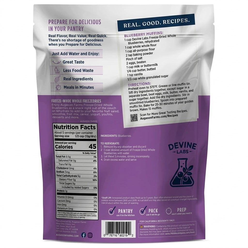 Freeze Dried Whole Blueberries Pouch, 5 Servings