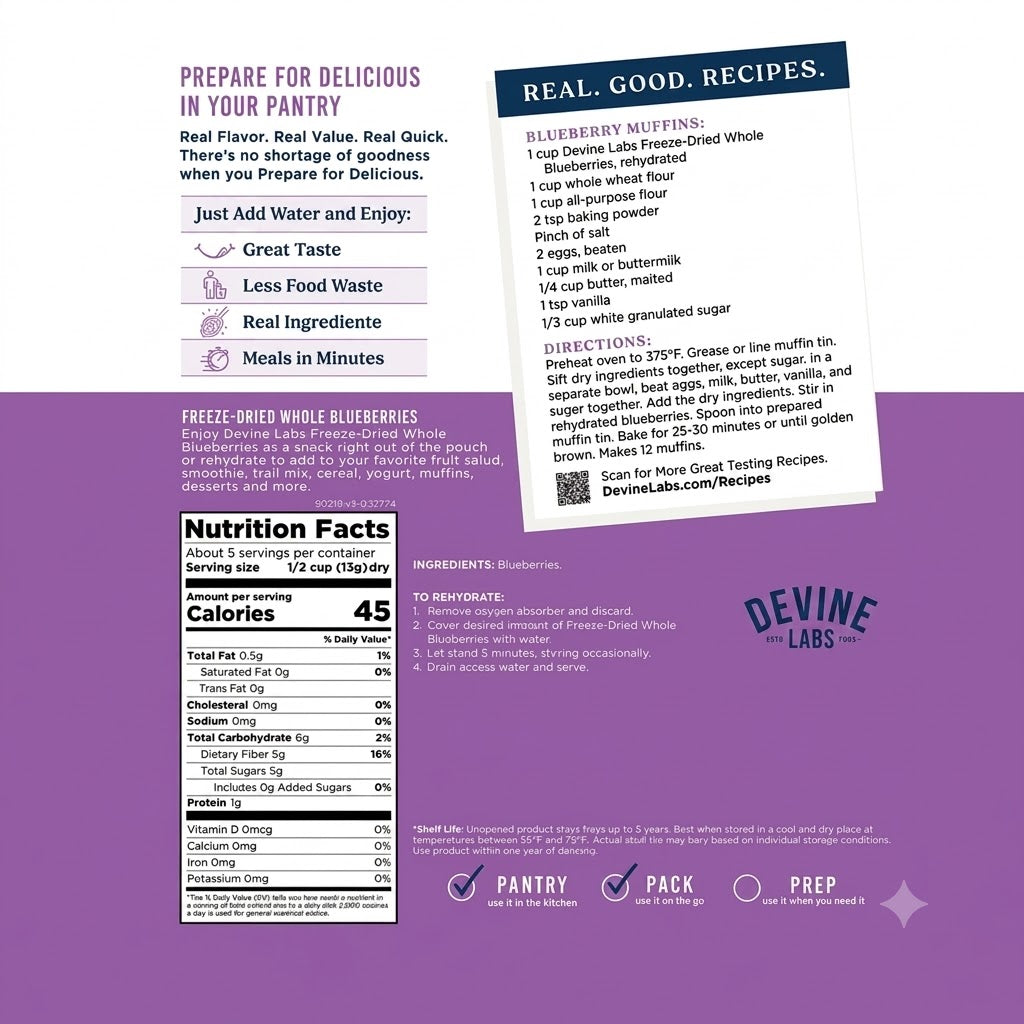Freeze Dried Whole Blueberries Pouch, 5 Servings