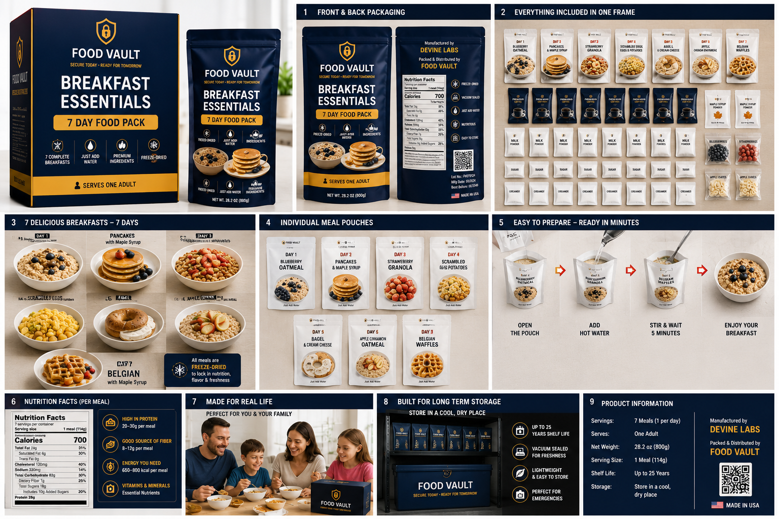 Breakfast Essentials – 7 Day Food Pack - Seven Complete Freeze-Dried Breakfasts • One Adult • Just Add Water