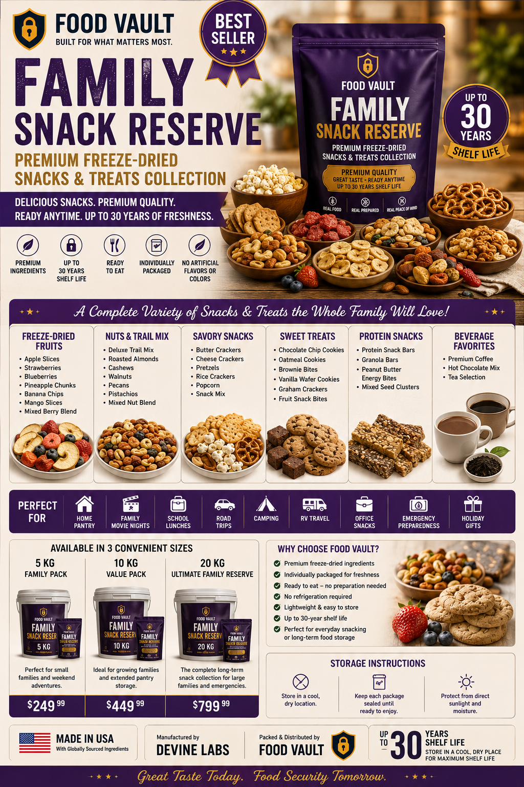 Premium Freeze-Dried Snacks & Treats Collection - Delicious Snacks. Premium Quality. Ready Anytime. Up to 30 Years of Freshness.